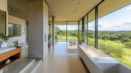 Fototapeta premium Bathed in natural light from large windows overlooking a lush green landscape, this spacious bathroom boasts a modern design with concrete accents