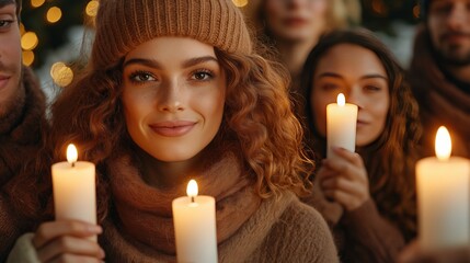 A diverse group of people holding glowing candles in a peaceful outdoor setting, with soft golden bokeh lights and warm scarves, creating a serene and united atmosphere