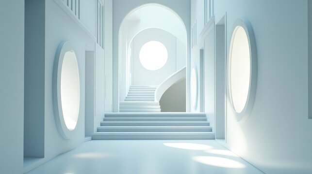 Minimalist white architecture with stairs and arched doorways. - Powered by Adobe