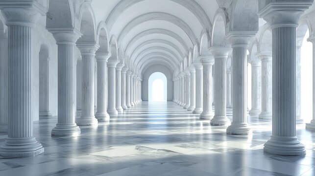 Grand marble colonnade hallway with arched ceilings and bright light at the end.