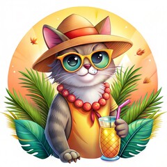 Cute Cartoon Cat with Straw Hat on a Tropical Vacation