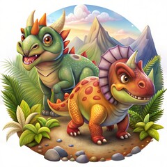 Adorable Cartoon Dinosaurs in a Lush Jungle Setting