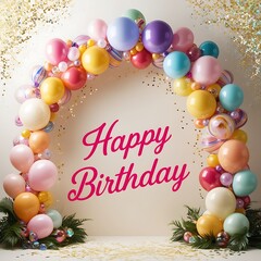 Happy birthday card with balloons and confetti