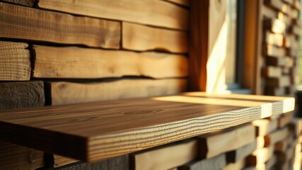 A rustic wooden shelf with a natural woodgrain pattern, set against a backdrop of stacked wooden planks, creating a warm and inviting ambiance.