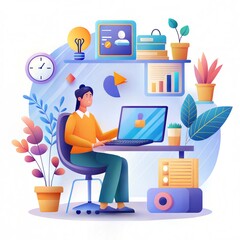 Creative Home Workspace Setup with Colorful Gradient Background and Indoor Plants