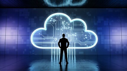 Silhouetted Person Against Glowing Clouds – Symbolizing Cloud Computing Technology. cloud computing, cloud-based innovation, tech background


