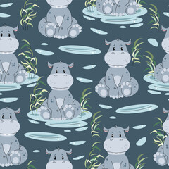 Seamless pattern with African animals. Cute children's texture with hippopotamus in a pond. Vector illustration for children's wallpapers, backgrounds, fabric, etc.