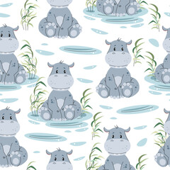 Seamless pattern with African animals. Cute children's texture with hippopotamus in a pond. Vector illustration for children's wallpapers, backgrounds, fabric, etc.