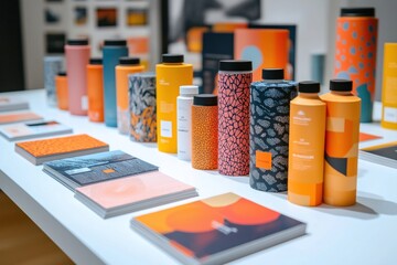 Colorful brand identity leaflets, printed product catalogs displayed on large white table. Promotional materials showcase creative design, product presentation. Various product packaging designs