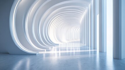Abstract white futuristic hallway with arches and columns, bright light at the end.