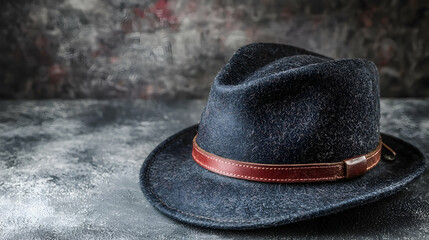 Dark blue fedora hat with leather band on textured background, autumn fashion accessory