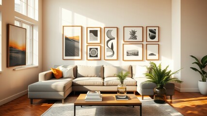 Fototapeta premium Contemporary living room featuring a sectional sofa, a coffee table with books, and a gallery wall with black and white prints, a plant in a vase and a large window with natural light streaming in.