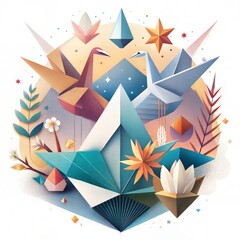 Colorful Geometric Origami Art with Abstract Floral Elements