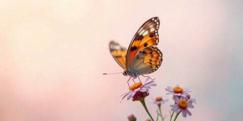 Obraz premium A delicate butterfly with orange and black wings rests gently on a pink flower, its wings outstretched in the soft light of a summer sunset.