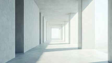 Fototapeta premium Sunlit minimalist concrete corridor with columns and walls.