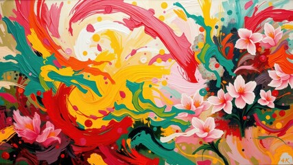 Fototapeta premium A vibrant abstract painting with bold brushstrokes and delicate flowers in shades of pink, yellow, red, and green.