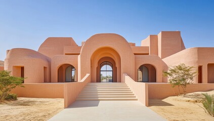 Peach-Colored Rammed Earth Walls, Simple Arches, and Stairs Leading to Entrance of Architectural Building