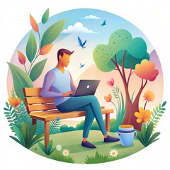Colorful Cartoon Illustration of Remote Work in a Peaceful Outdoor Setting