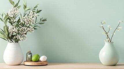 Refreshing Mint Green Pastel Wallpaper with Elegant Vases and Decor