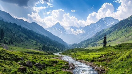Obraz premium Scenic Mountain Landscape with Jagged Peaks and Flowing River