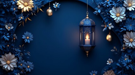 Elegant Blue Lantern Hanging Amidst Golden And Blue Flowers