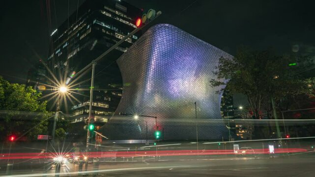 Aerial drone view of Soumaya Museum in Mexico City at sunset, Mexico.