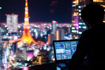 夜景を背景に仕事をする東京のビジネスマン