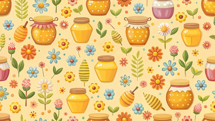 Honey jar and bee-themed pattern on light background