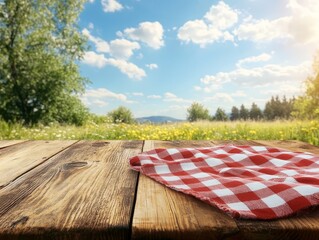 Red checkered picnic cloth on wooden table, sunny meadow background.