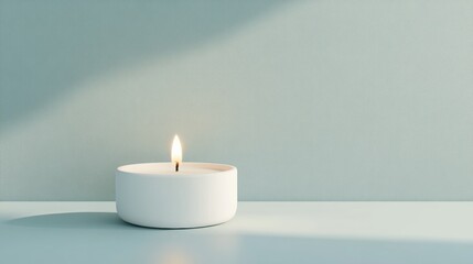 Elegant white candle with a gentle flame, set against a pristine backdrop, creating a serene and tranquil ambiance.