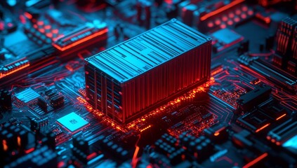 Shipping container on a glowing circuit board.