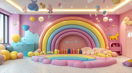 Fototapeta premium Colorful rainbow playroom with pastel decor, balloons, and unicorn.