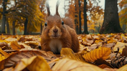 A close-up of a squirrel amidst colorful autumn leaves in a serene forest setting.