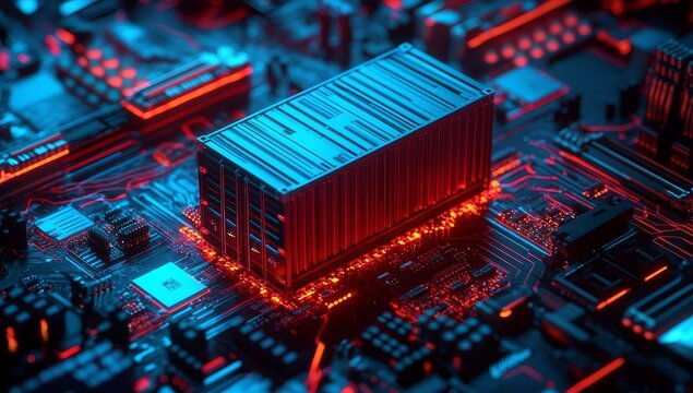 Shipping container on a glowing circuit board.