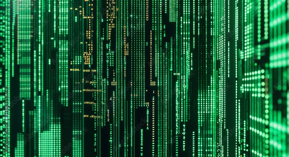 Wall mural emerald green digital grid with cascading code lines