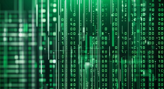 Emerald green digital grid with cascading code lines