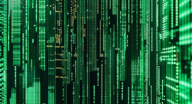 Emerald green digital grid with cascading code lines