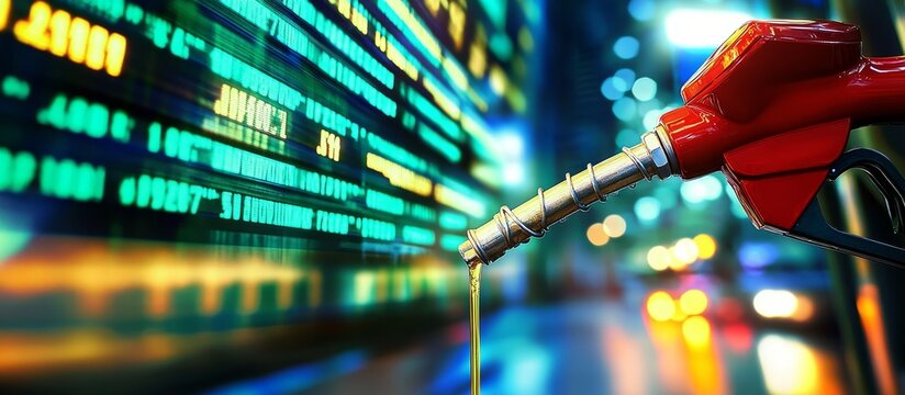 Fuel pump nozzle with oil dripping against a blurred city background and stock market numbers.