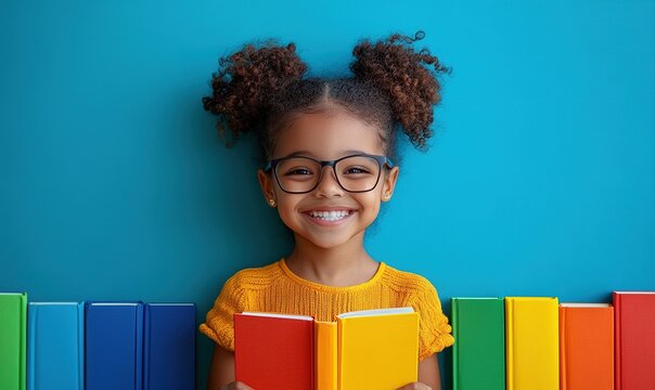 A young girl with glasses smiles while holding a book, surrounded by colorful books on a blue background.