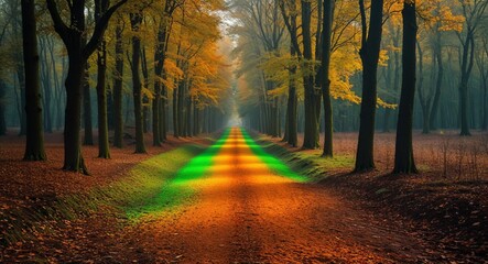 Golden amber and pale green gradient forest pathway