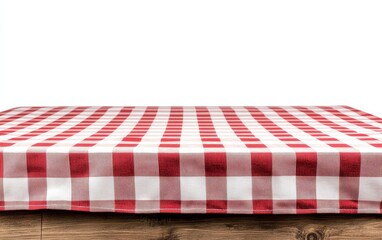 Red and white checkered tablecloth on wooden table isolated on white.