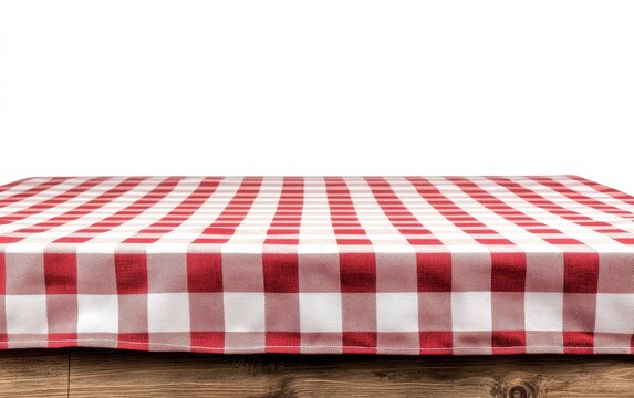 Red and white checkered tablecloth on wooden table isolated on white.