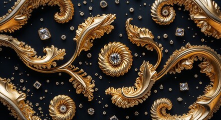 Golden Gemstone Swirls on Deep Black Canvas