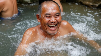 An elderly man joyfully laughs while being drenched, surrounded by splashes and bubbling water, capturing pure delight and carefree bliss.