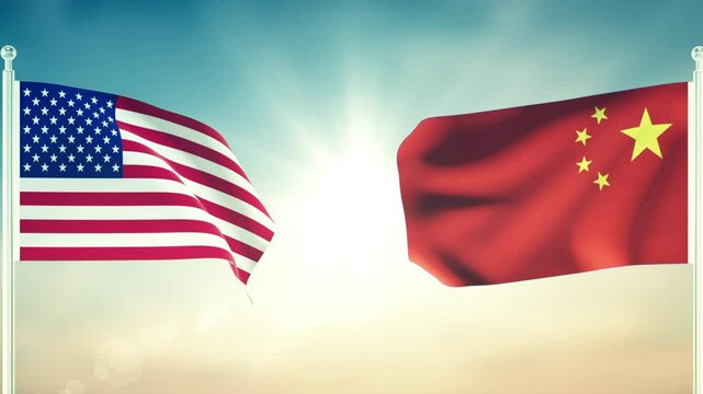 United states and ChinaFlags Waving Against Each Other. 3D Animation with Textured Detail.