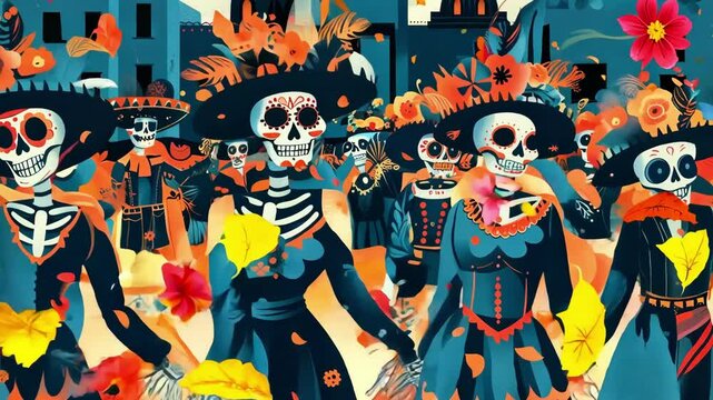 Street scene of a Day of the Dead celebration with skeletons dancing under colorful banners and marigold decorations, celebrating Mexican culture. ai