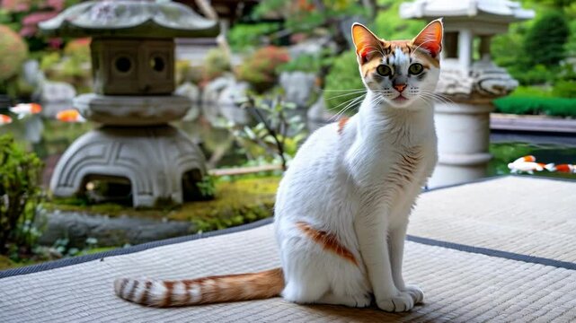 Japanese bobtail in tranquil zen garden setting perfect for meditation themes AI