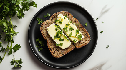 黒いプレートで際立つライ麦パンとハーブのシンプルなトッピング