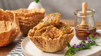 Vanilla ice cream cone cups have food placed on top for a unique twist.
It is placed on a cream-colored tray and has a honey jar and a cone cup on the back.
Quantity: 6 pieces, all placed on a wooden 