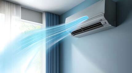 Living room with energy-efficient air conditioner and fresh natural air circulation